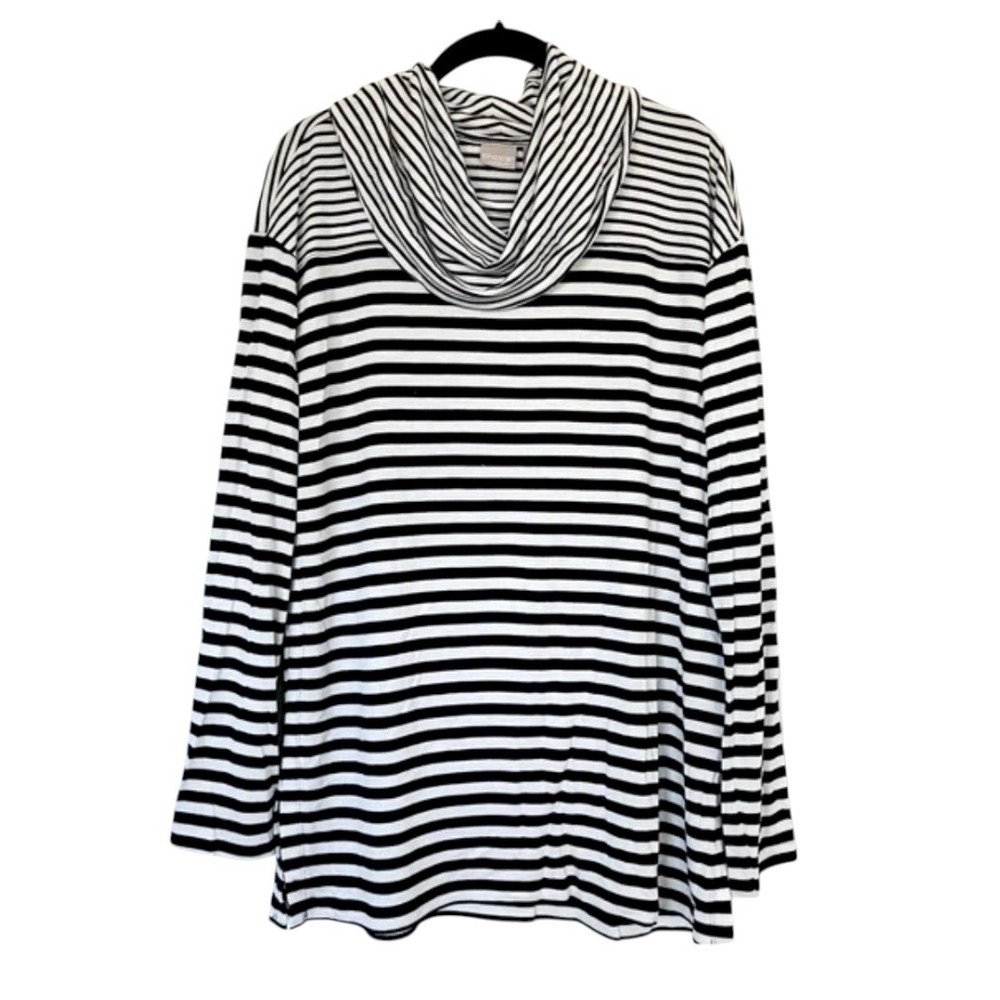 CHICO'S ZENERGY Black/White Stripe JERSEY TUNIC TOP Cowl Neck Side Slits M/1